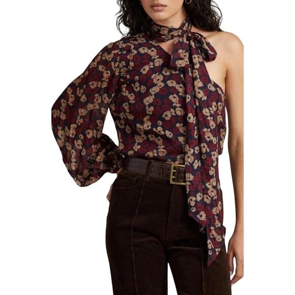Polo Ralph Lauren Tops - POLO RALPH LAUREN GEORGETTE TIE NECK ONE SHOULDER BLOUSE‎ IN BURGUNDY NWT SIZE 6